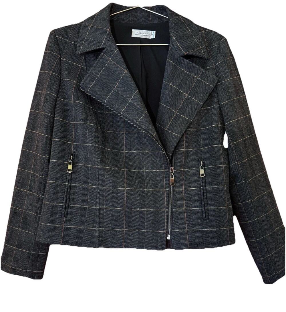$159 Small US 2 Tahari ASL Womens Moto Jacket Light Black Zipper herringbone